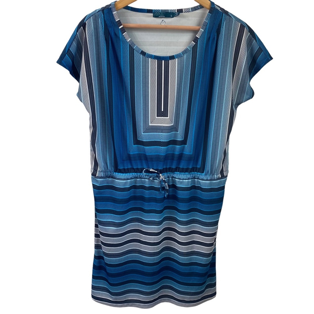 Prana Mosaic Blue and White Striped Drawstring Waist  Lindy Dress - Picture 3 of 7